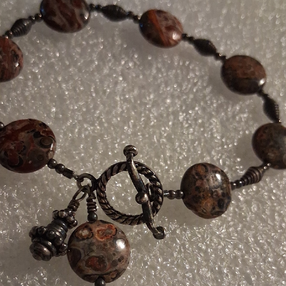Rustic Brown Jasper Stone Sterling Silver Beaded Bracelet with Toggle Clasp